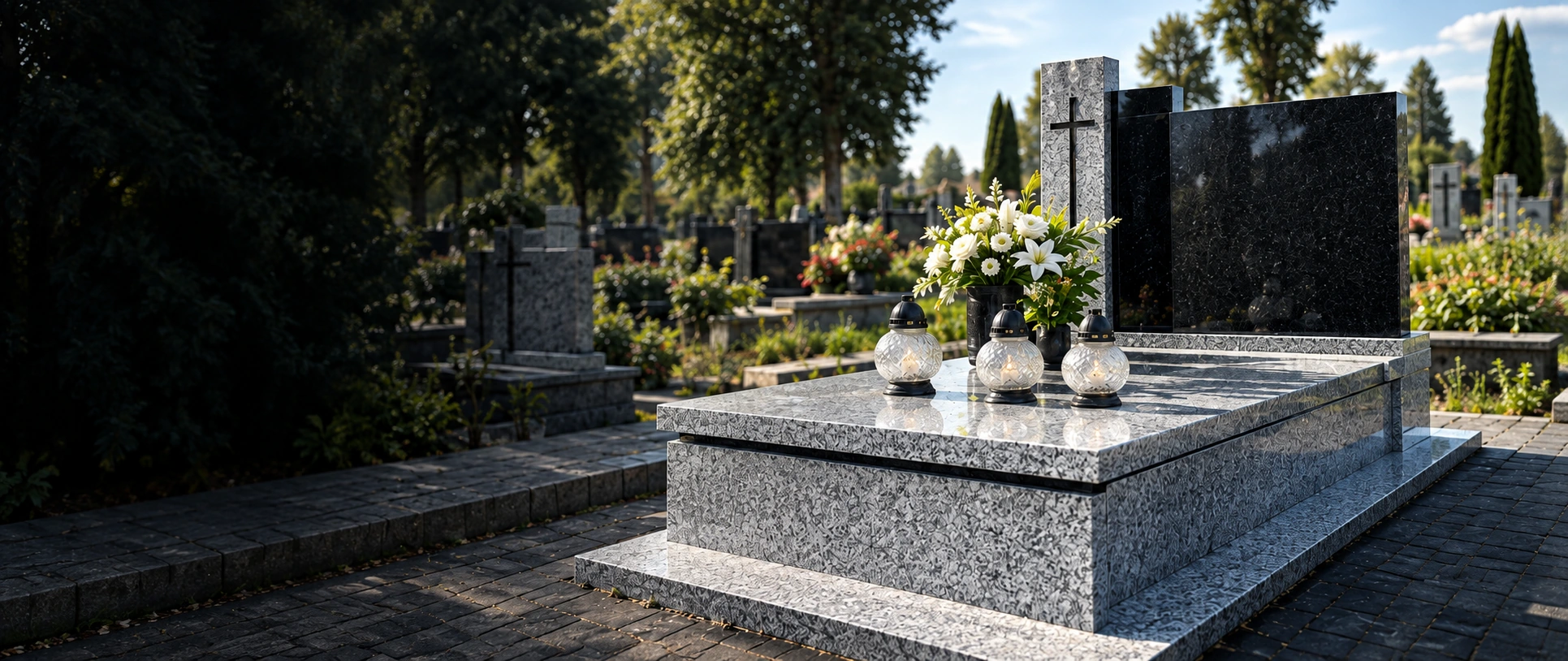 Jasny granitowy nagrobek z czarną tablicą, białymi kwiatami i szklanymi lampionami