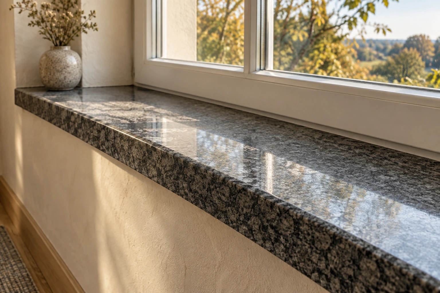 Polerowany granitowy parapet przy oknie